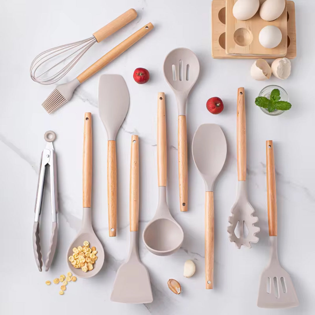 12-Piece Silicone Spatula Set with Wooden Handles and Storage Bucket
