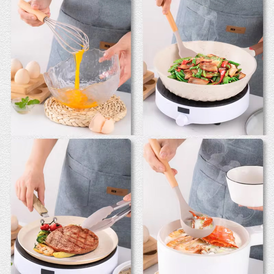 12-Piece Silicone Spatula Set with Wooden Handles and Storage Bucket
