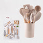 12-Piece Silicone Spatula Set with Wooden Handles and Storage Bucket