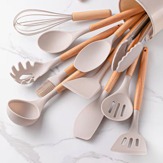 12-Piece Silicone Spatula Set with Wooden Handles and Storage Bucket